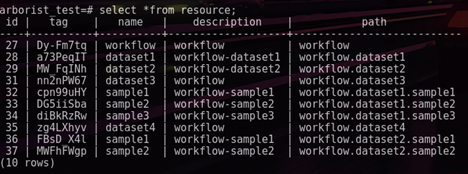 Hình 4: Dữ liệu về tài nguyên được lưu trữ trong Postgres của Arborist